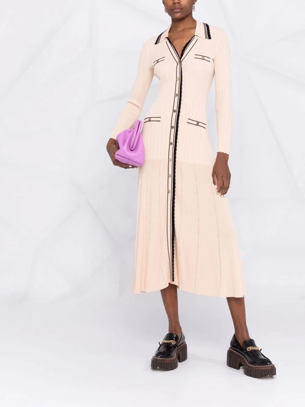 Sandro Alexandrine ribbed knitted button-front midi dress in beige - Picture 2 of 11